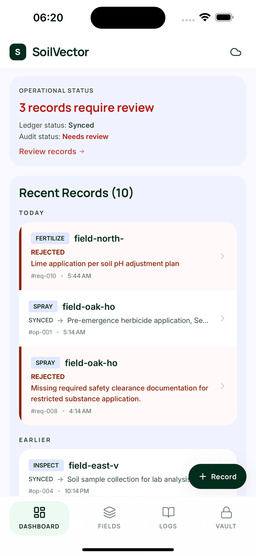 SoilVector Dashboard — operational status, recent records, and review alerts