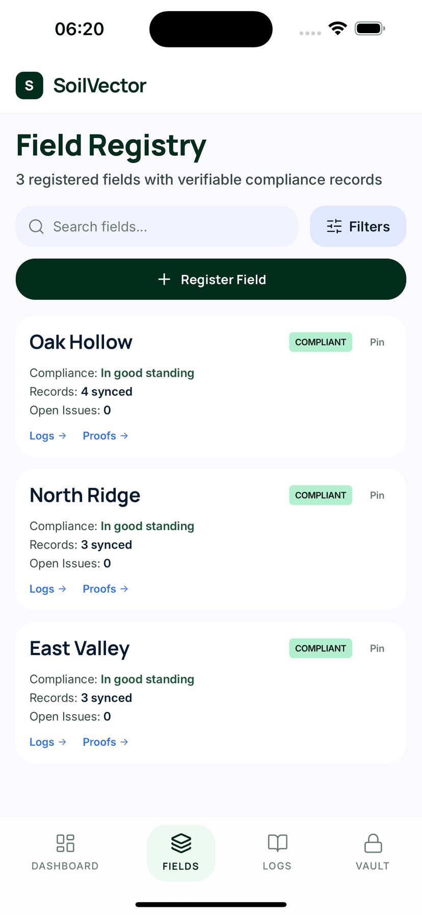 SoilVector Fields — registered fields with compliance status badges