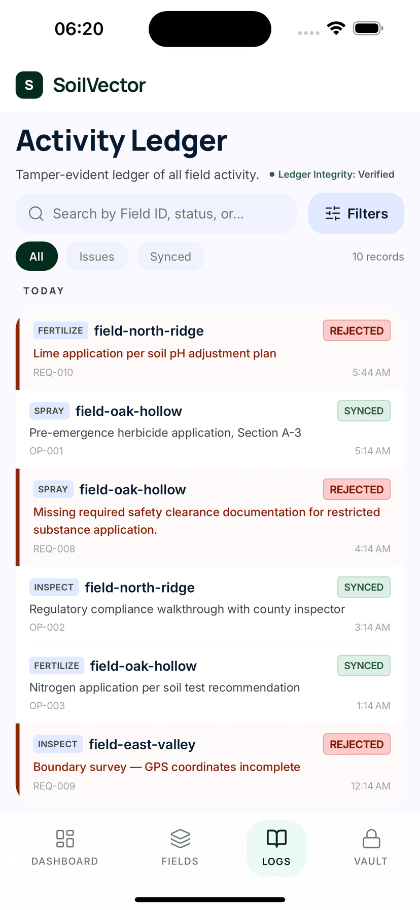 SoilVector Audit Trail — tamper-evident log of all field operations