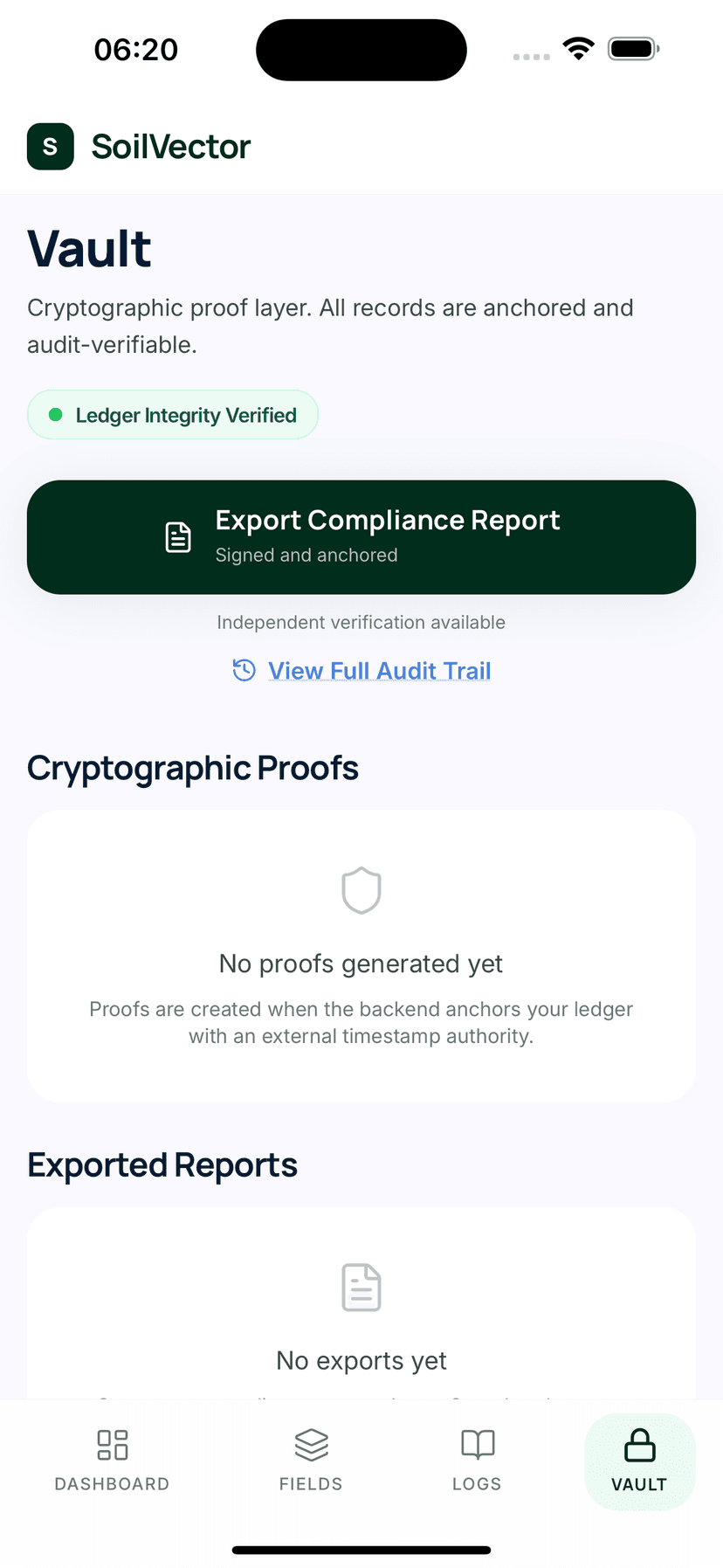 SoilVector Vault — cryptographic proofs and compliance exports